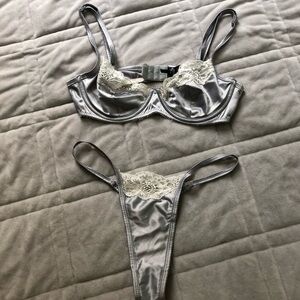 Fashion Nova Silver Satin Lace Bra & Thong Set